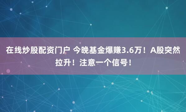在线炒股配资门户 今晚基金爆赚3.6万！A股突然拉升！注意一个信号！